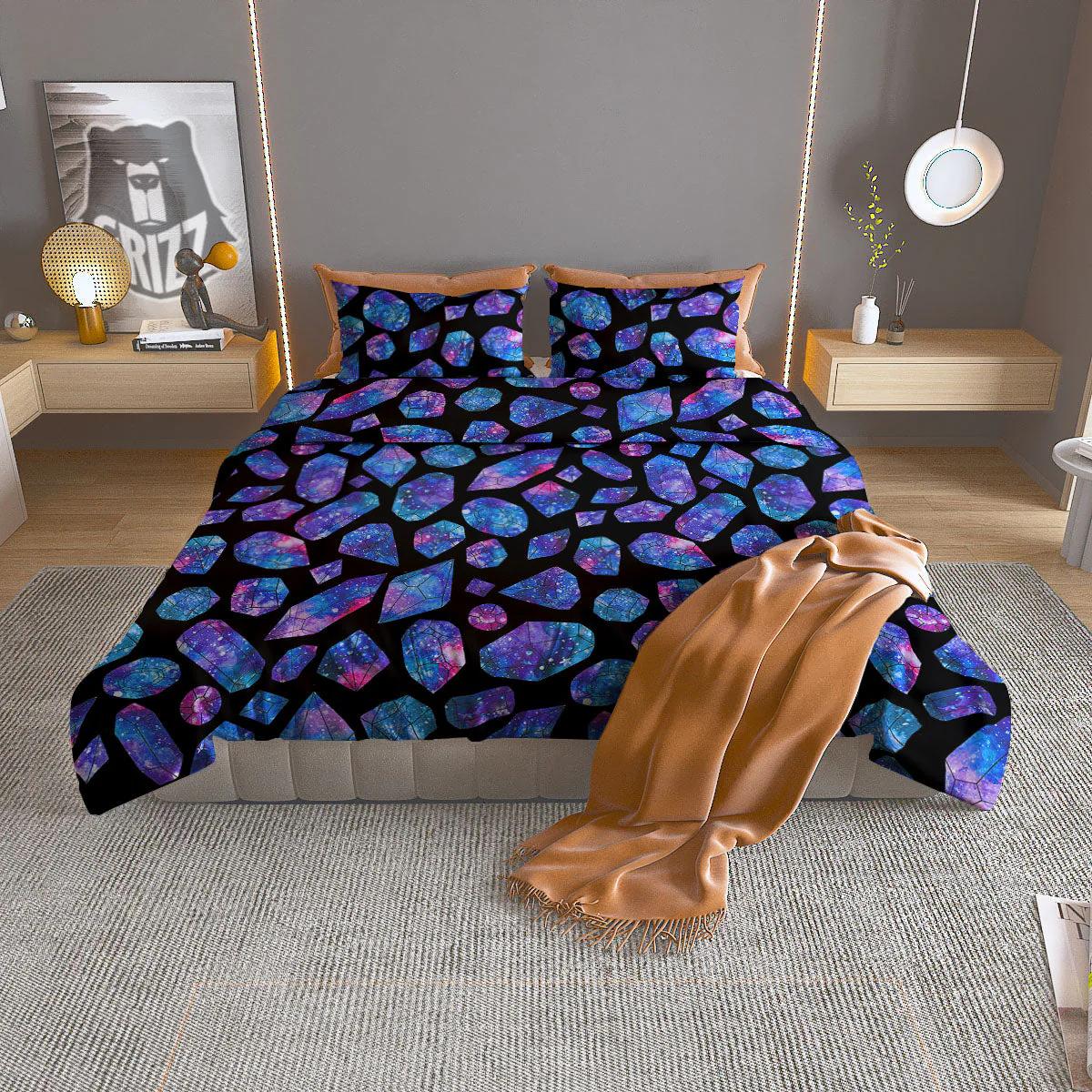 Cosmic Galaxy Space Purple Crystal Print Duvet Cover Bedding Set