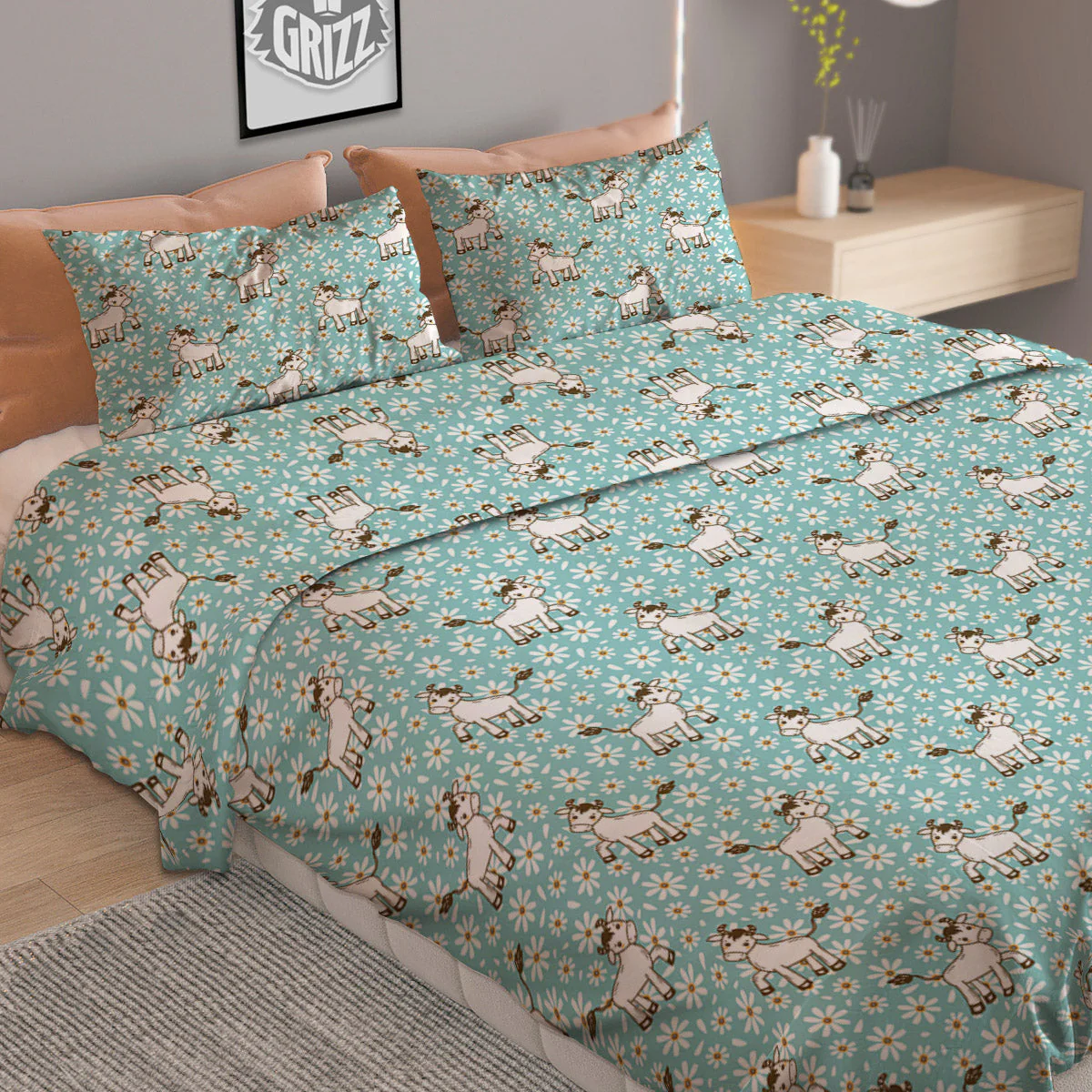 Cow And Cartoon Daisy Print Pattern Duvet Cover Bedding Set - Image 2