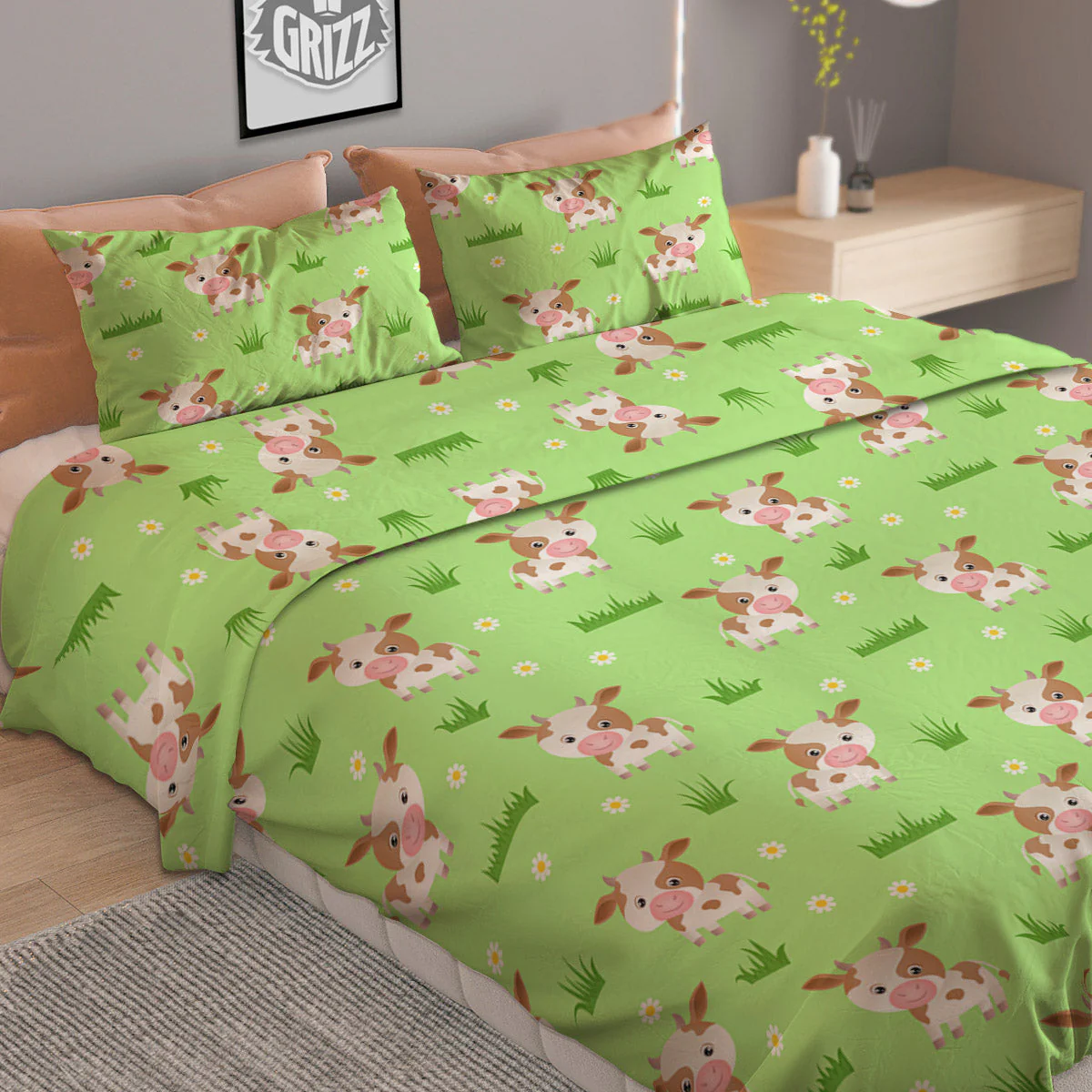 Cow And Green Grass Print Pattern Duvet Cover Bedding Set - Image 2