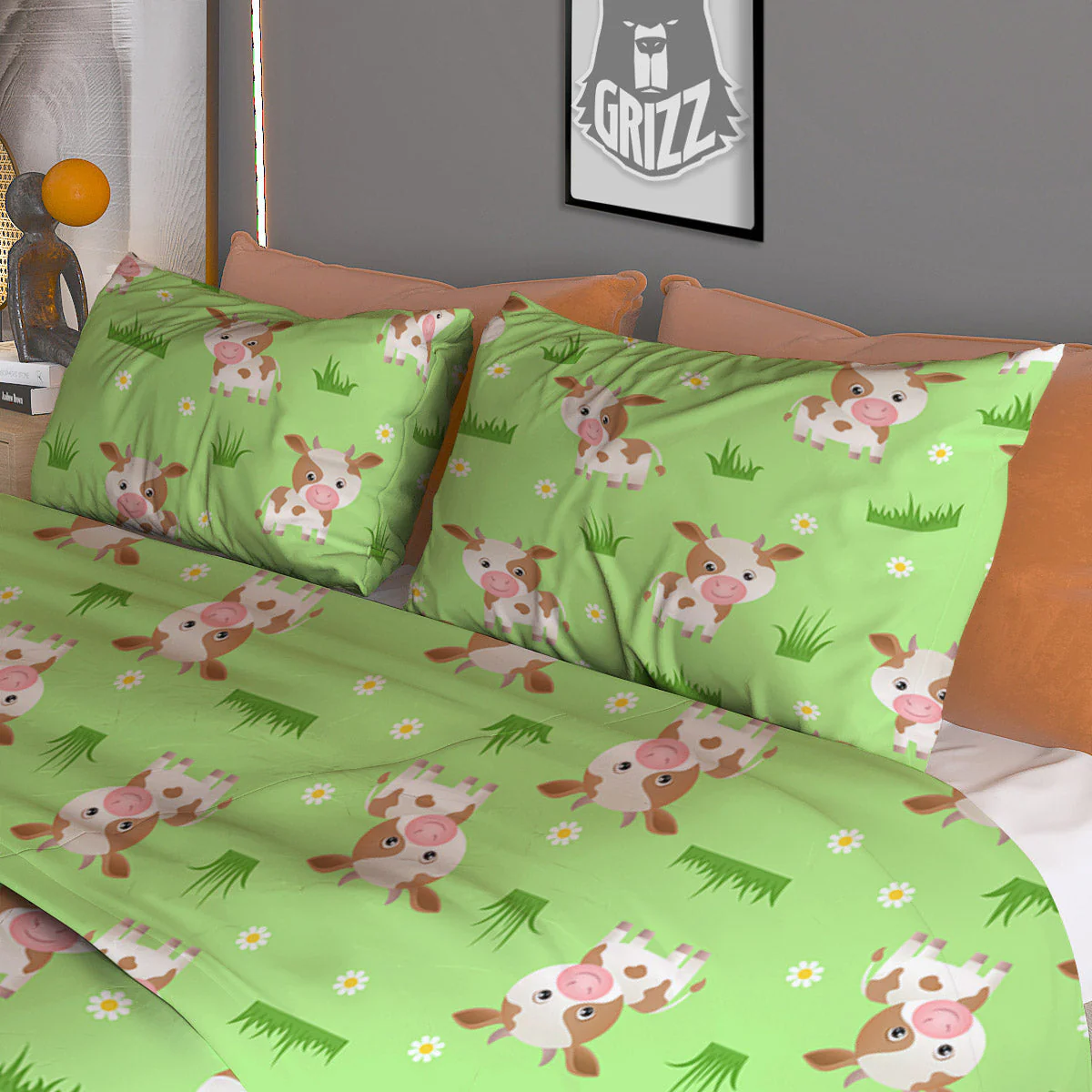 Cow And Green Grass Print Pattern Duvet Cover Bedding Set - Image 3