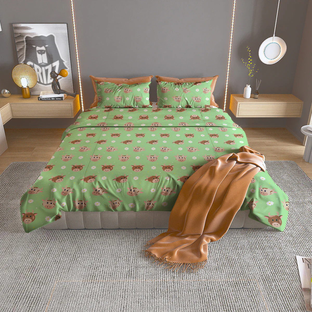 Cow Cartoon And Daisy Flower Print Duvet Cover Bedding Set