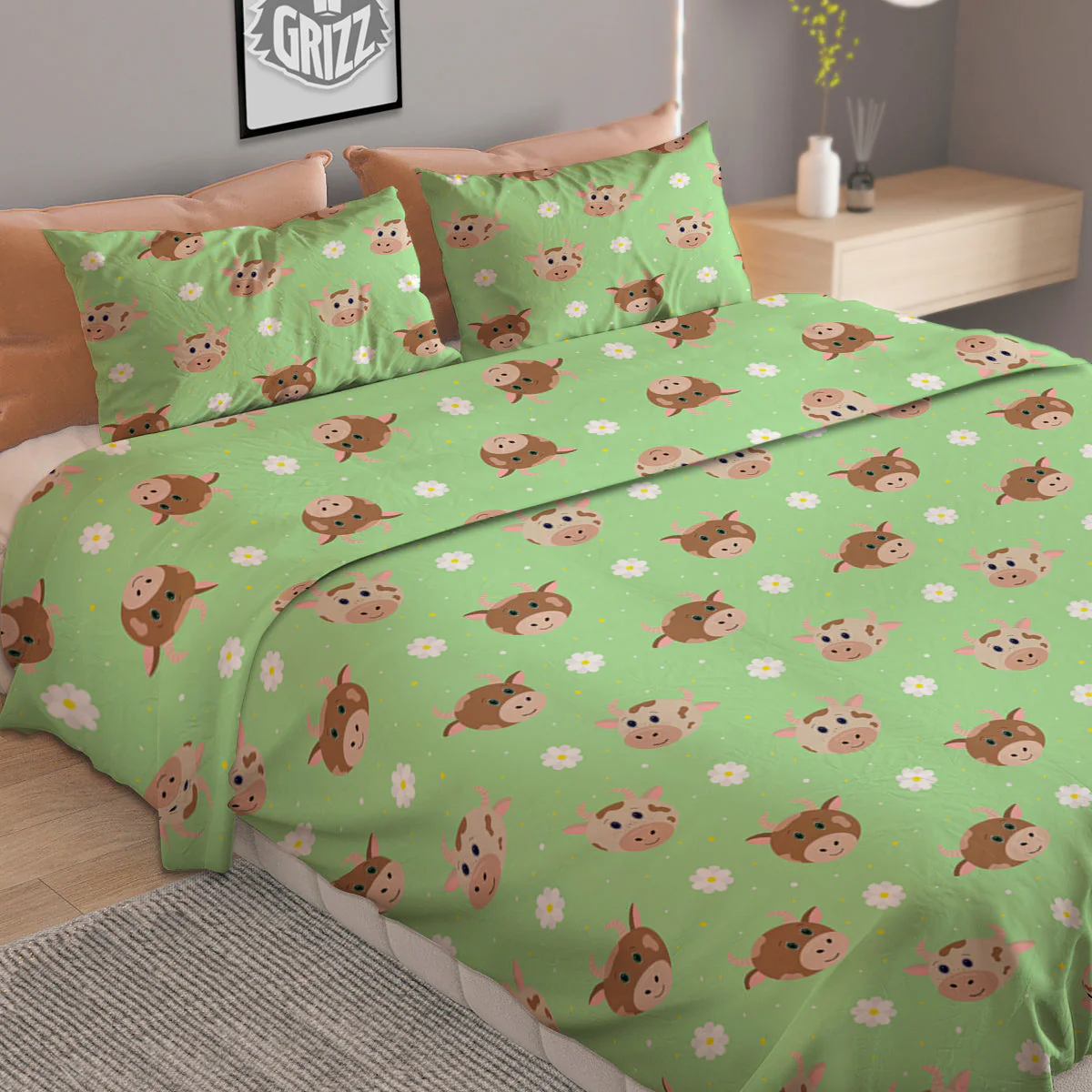 Cow Cartoon And Daisy Flower Print Duvet Cover Bedding Set - Image 2
