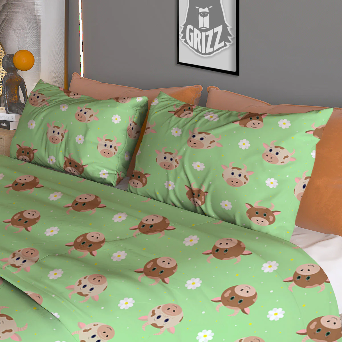 Cow Cartoon And Daisy Flower Print Duvet Cover Bedding Set - Image 3