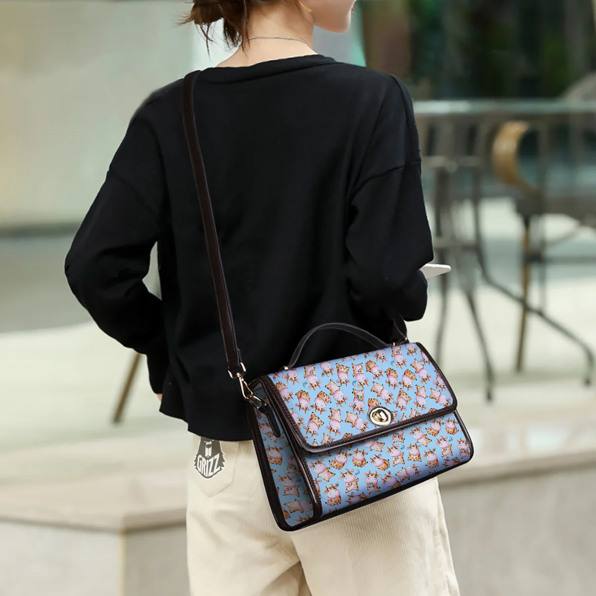Cow Cartoon Watercolor Print Pattern Women's Satchel Bag - Image 3