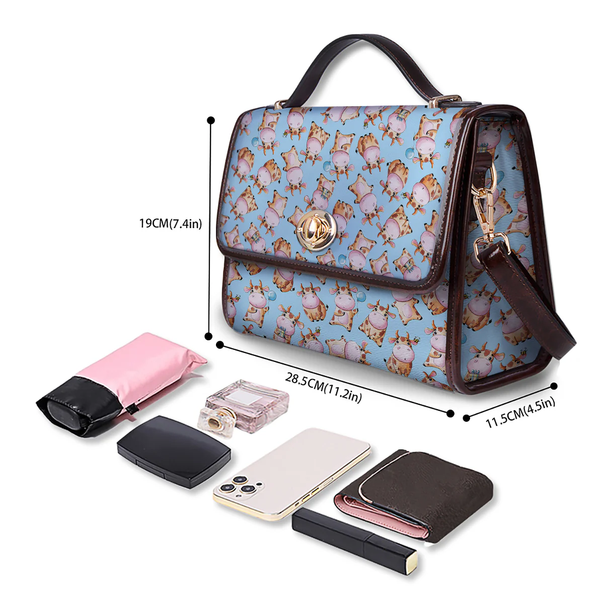 Cow Cartoon Watercolor Print Pattern Women's Satchel Bag - Image 4