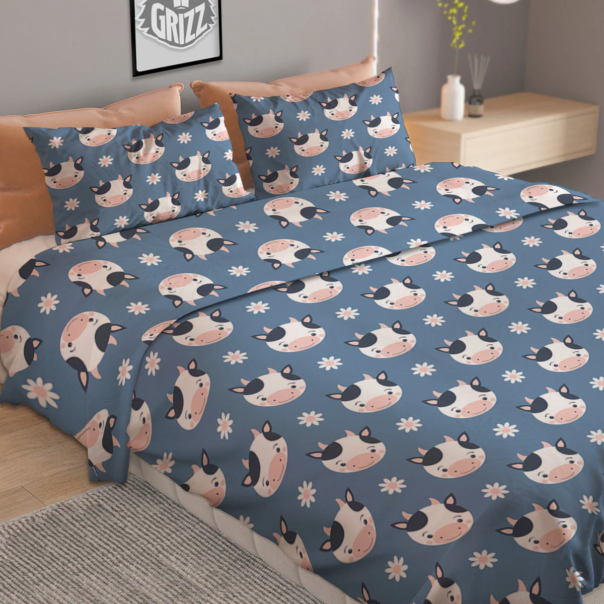 Cow Cute And Daisy Flower Print Pattern Duvet Cover Bedding Set - Image 2