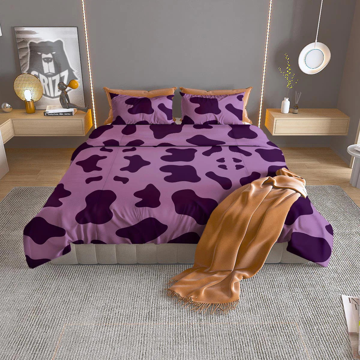 Cow Purple Print Pattern Duvet Cover Bedding Set