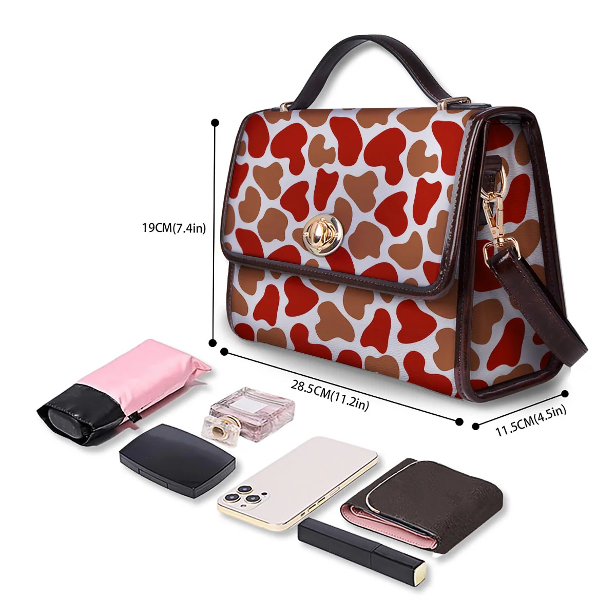 Cow Red Brown Print Pattern Women's Satchel Bag - Image 4