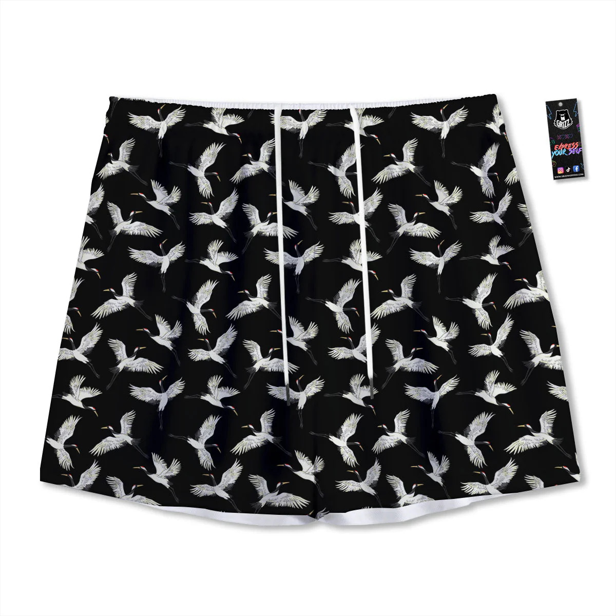Crane Bird Flying Print Pattern Mesh Shorts