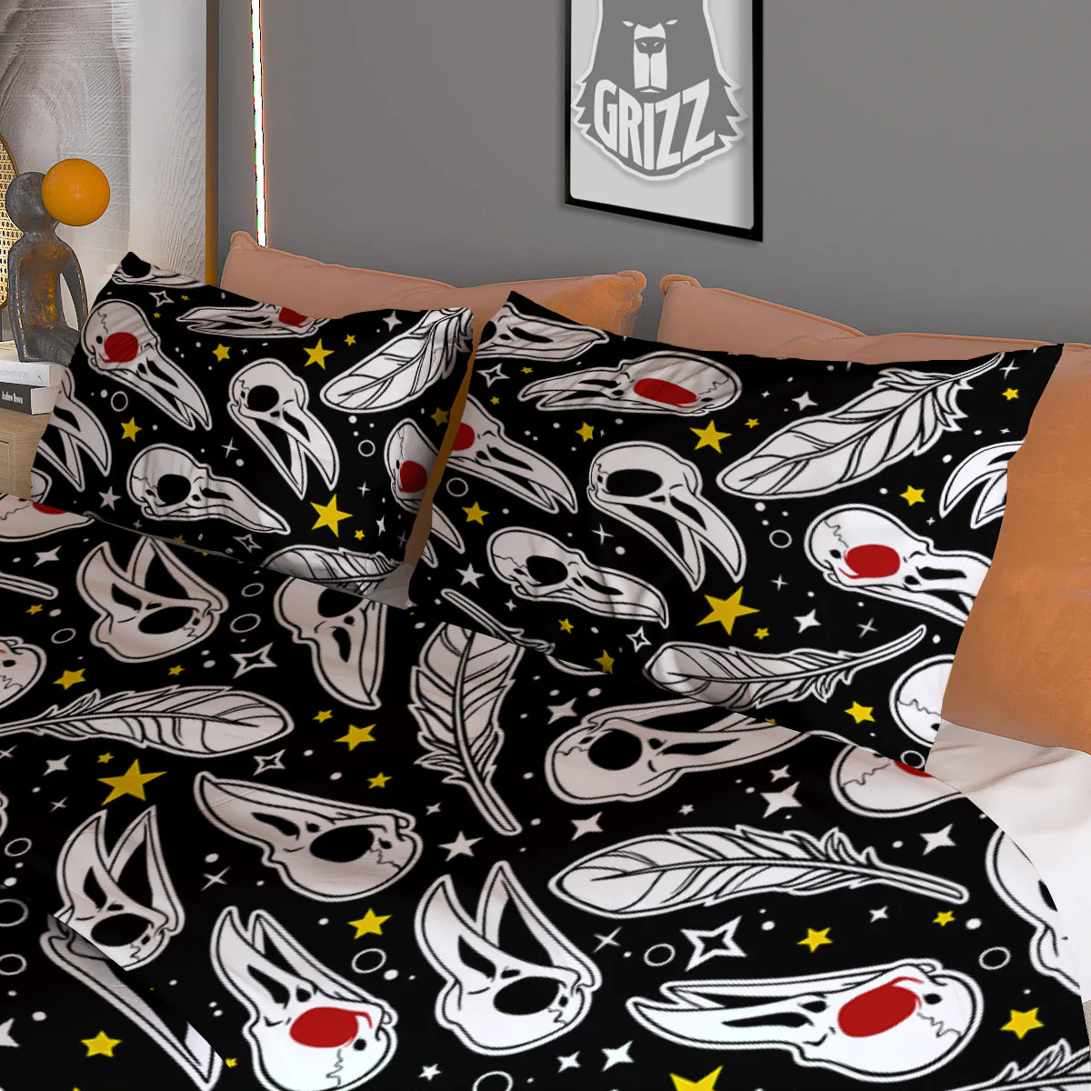 Crow Skull And Feathers Print Pattern Duvet Cover Bedding Set - Image 3