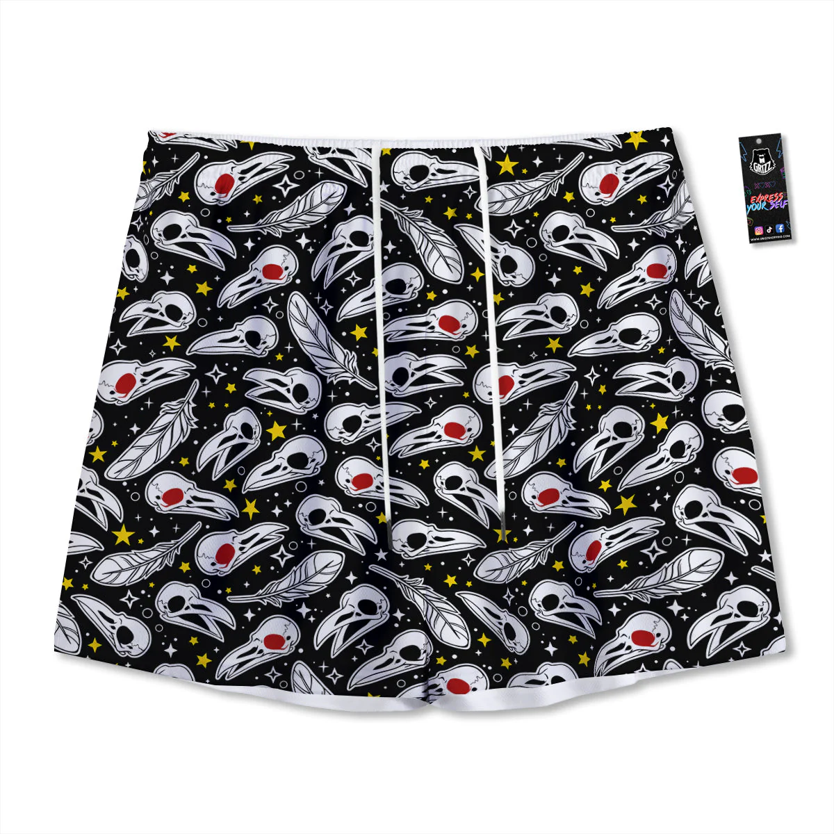 Crow Skull And Feathers Print Pattern Mesh Shorts