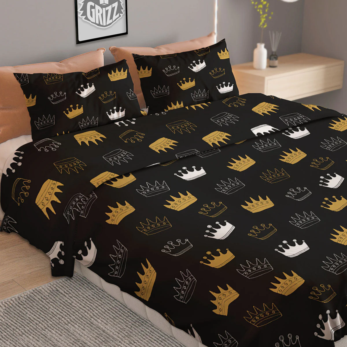 Crown Doodle Print Pattern Duvet Cover Bedding Set - Image 2