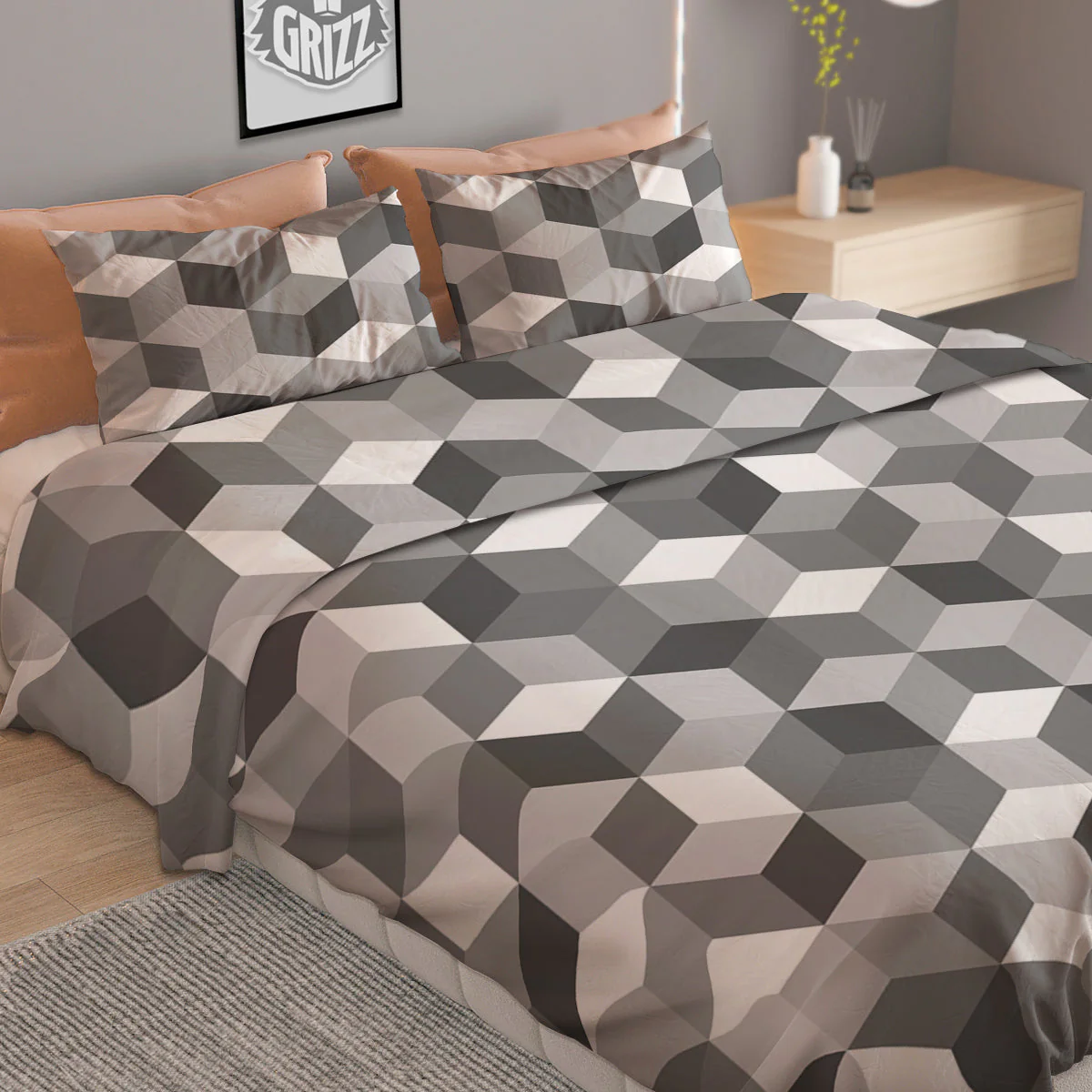 Cube Geometric Shape White Print Pattern Duvet Cover Bedding Set - Image 2