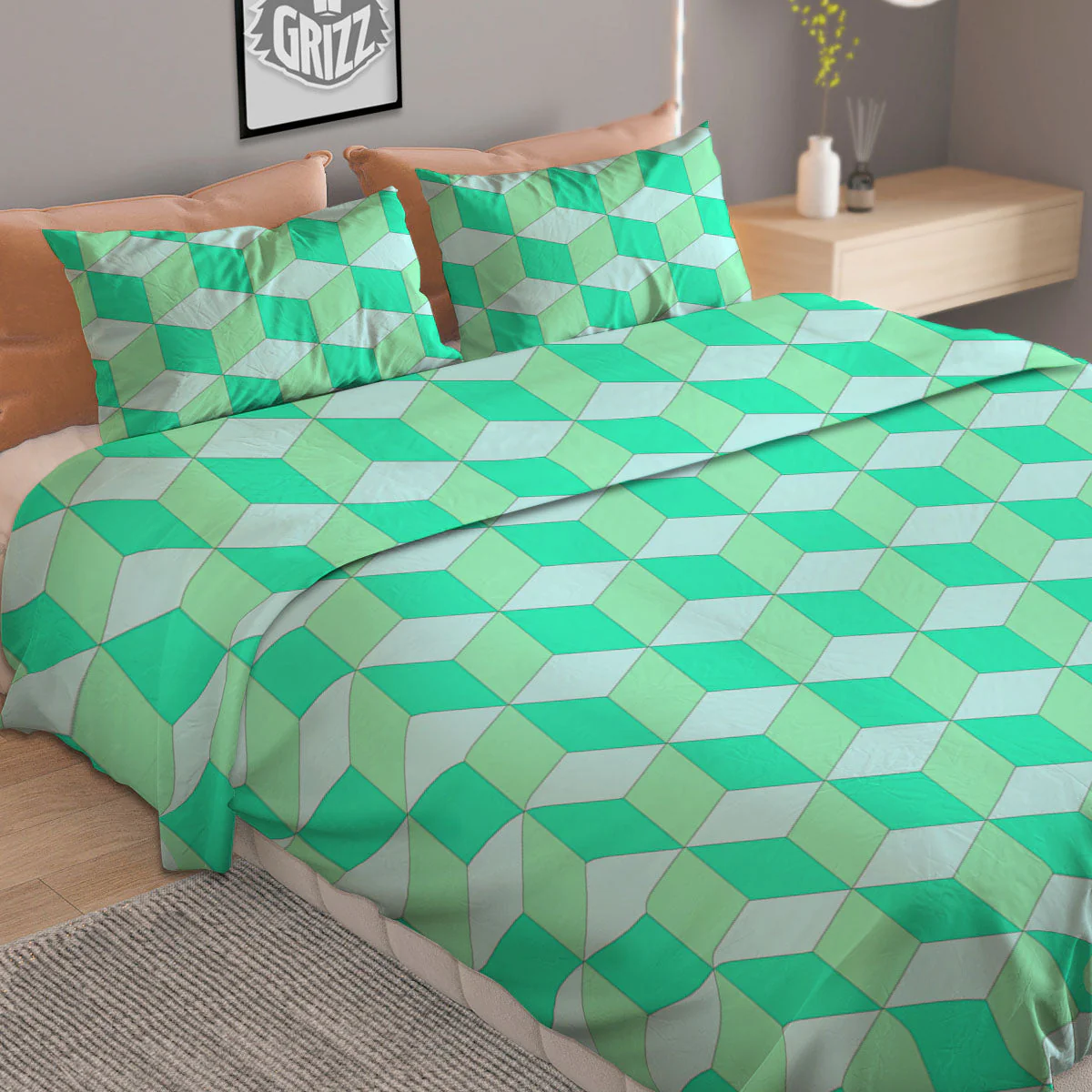 Cube Shape Green Geometric Print Pattern Duvet Cover Bedding Set - Image 2