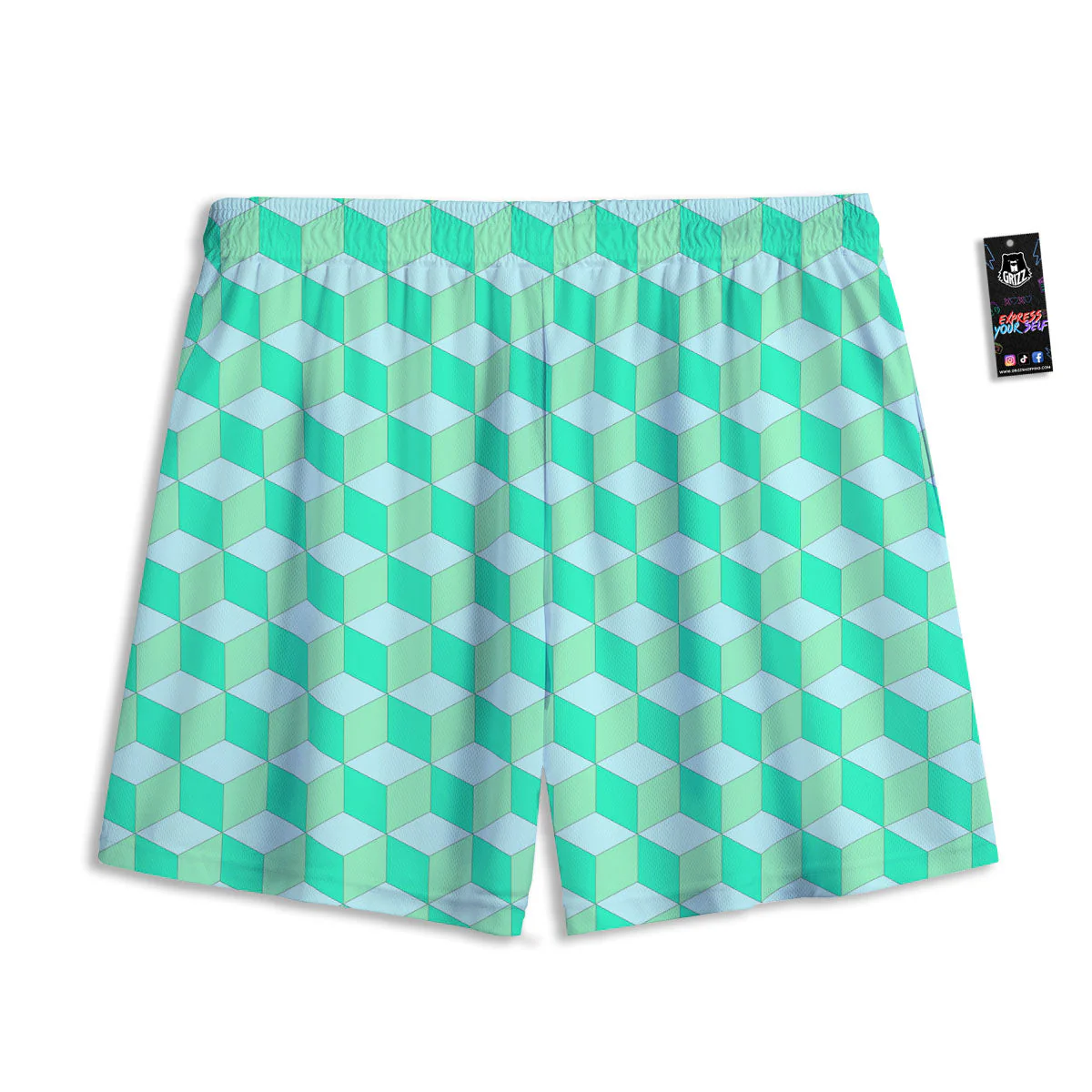 Cube Shape Green Geometric Print Pattern Mesh Shorts - Image 2
