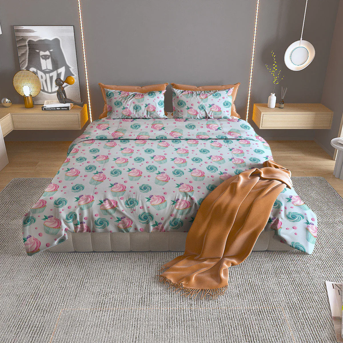 Cupcake Cartoon Print Pattern Duvet Cover Bedding Set
