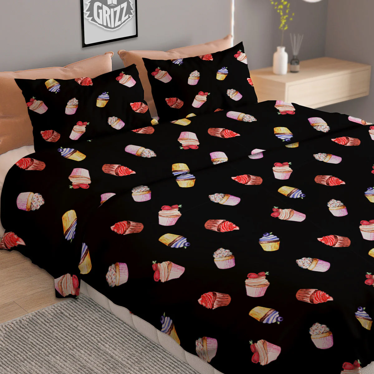 Cupcake Watercolor Print Pattern Duvet Cover Bedding Set - Image 2