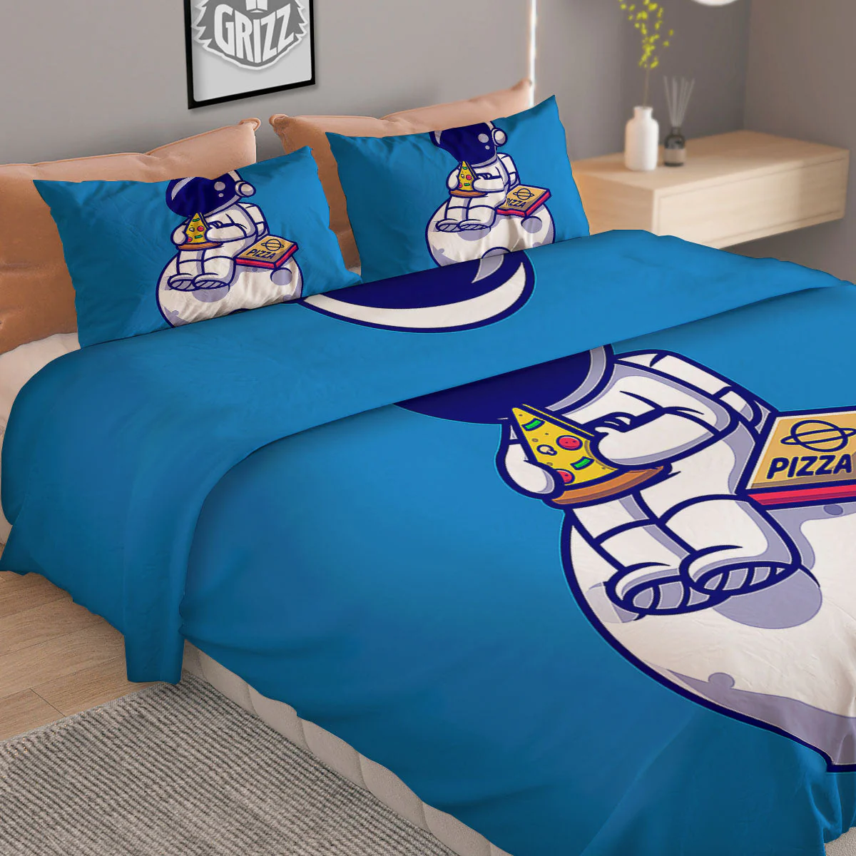 Cute Astronaut Eating Pizza Print Duvet Cover Bedding Set - Image 2