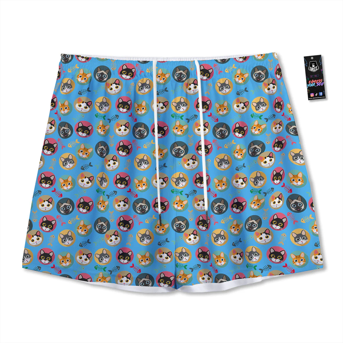 Cute Cats And Fishbone Colorful Print Pattern Mesh Shorts