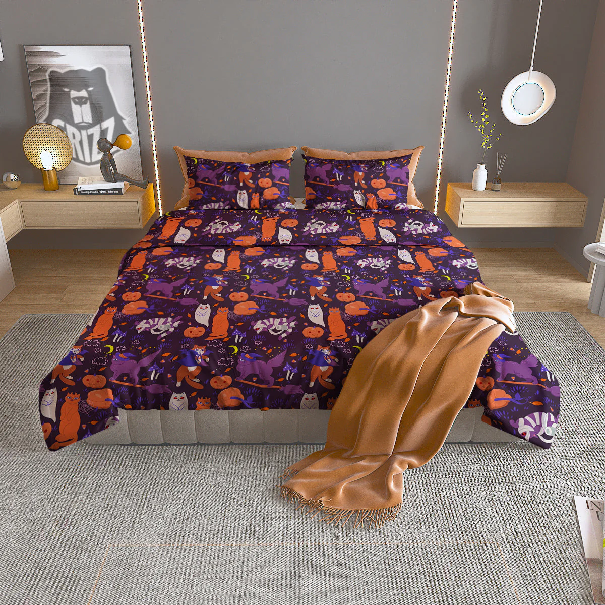 Cute Cats Halloween Print Pattern Duvet Cover Bedding Set