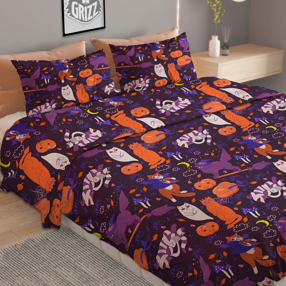 Cute Cats Halloween Print Pattern Duvet Cover Bedding Set - Image 2