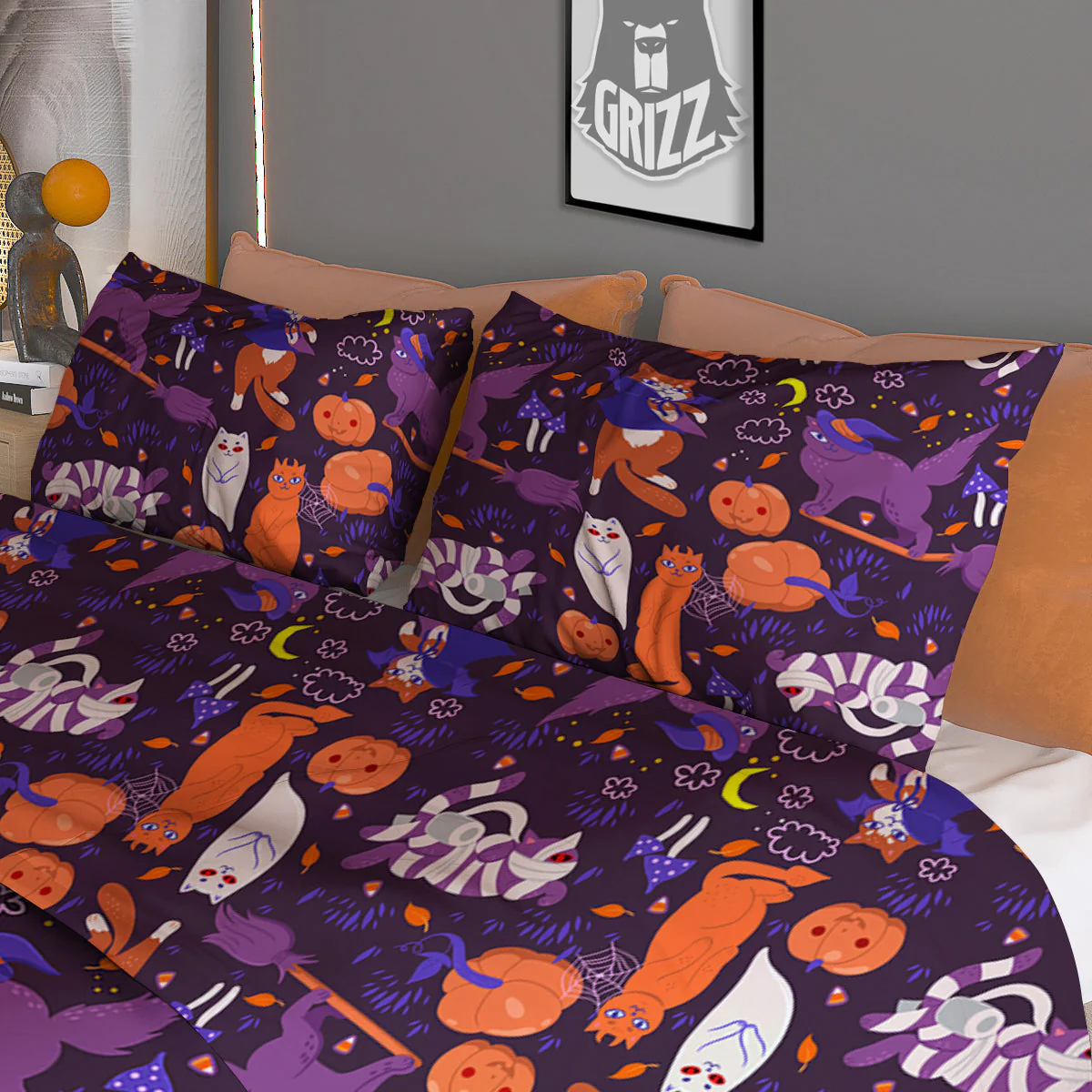 Cute Cats Halloween Print Pattern Duvet Cover Bedding Set - Image 3