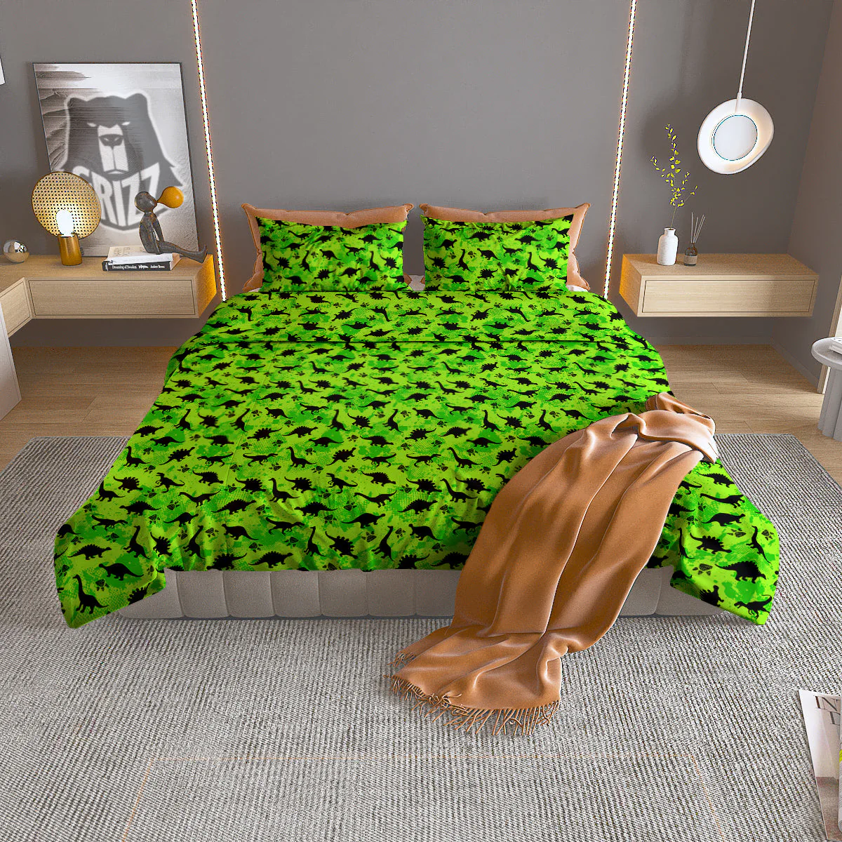 Cute Dino Green Print Pattern Duvet Cover Bedding Set