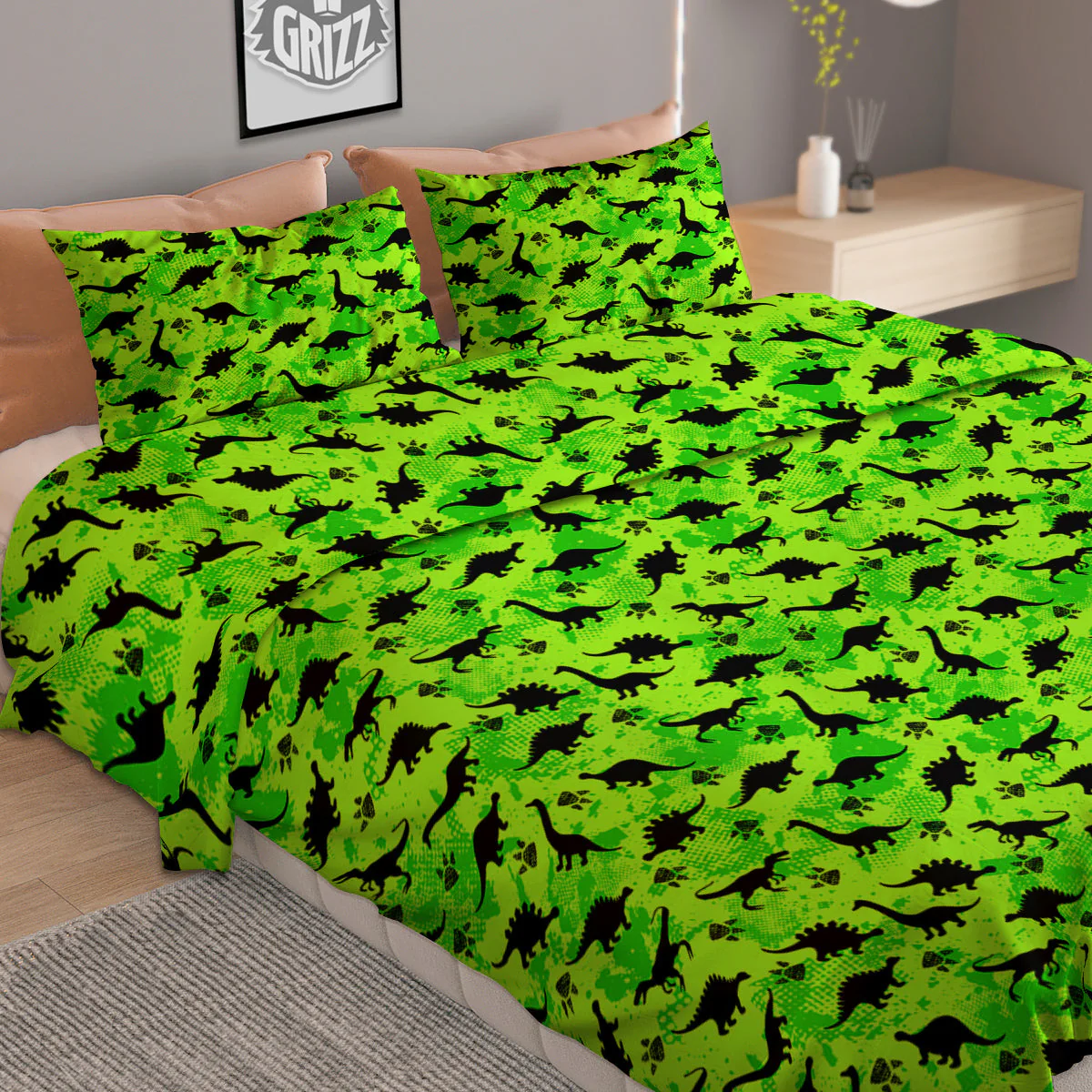 Cute Dino Green Print Pattern Duvet Cover Bedding Set - Image 2