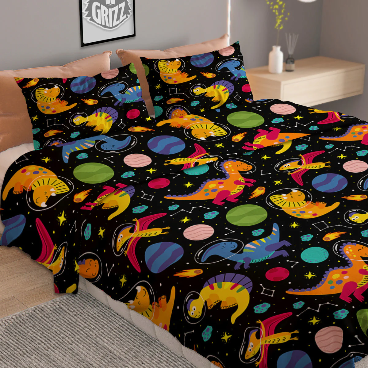 Cute Dinosaurs In Space Print Pattern Duvet Cover Bedding Set - Image 2