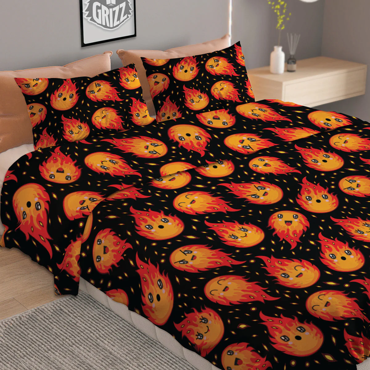 Cute Fire Cartoons Print Pattern Duvet Cover Bedding Set - Image 2