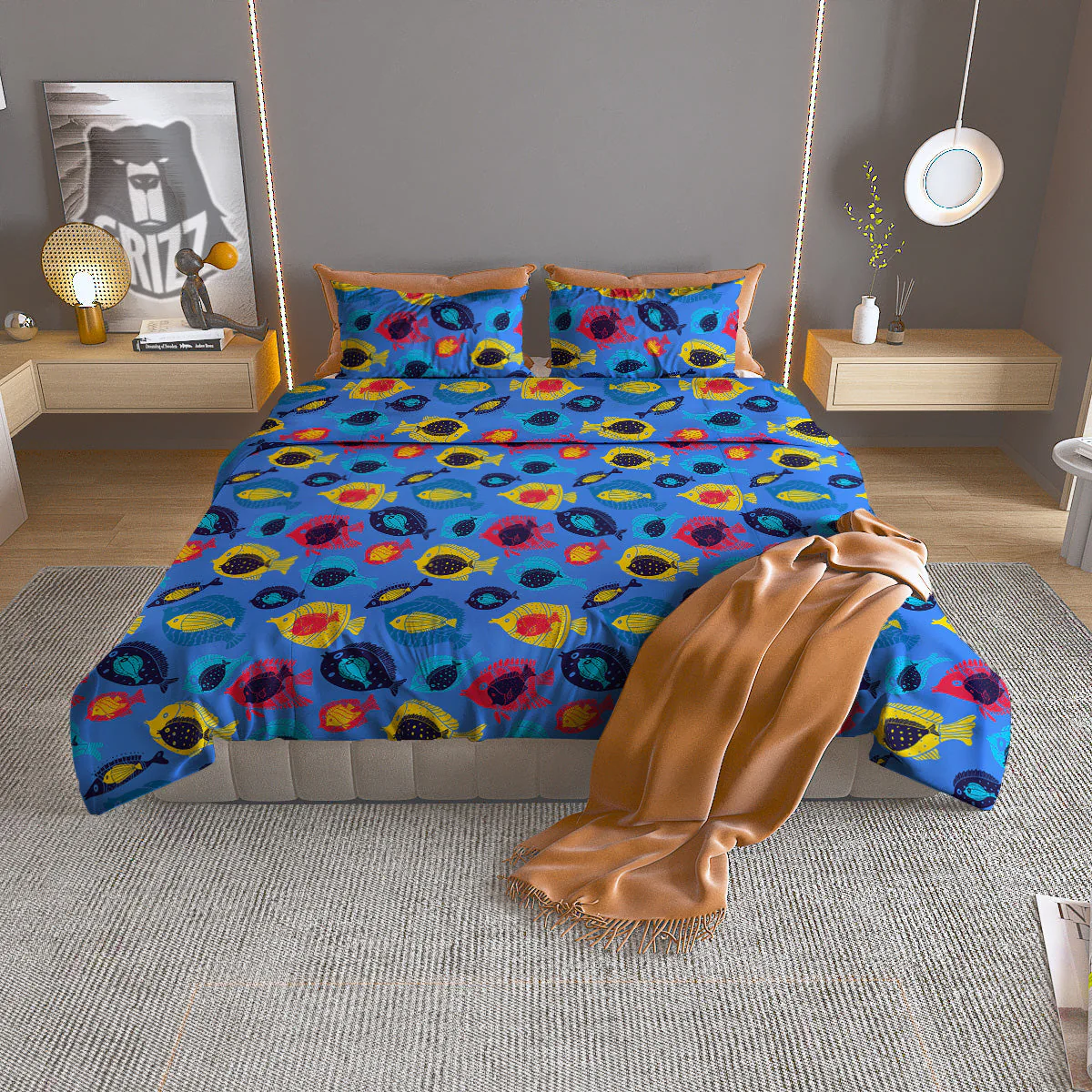 Cute Fish Colorful Blue Print Pattern Duvet Cover Bedding Set