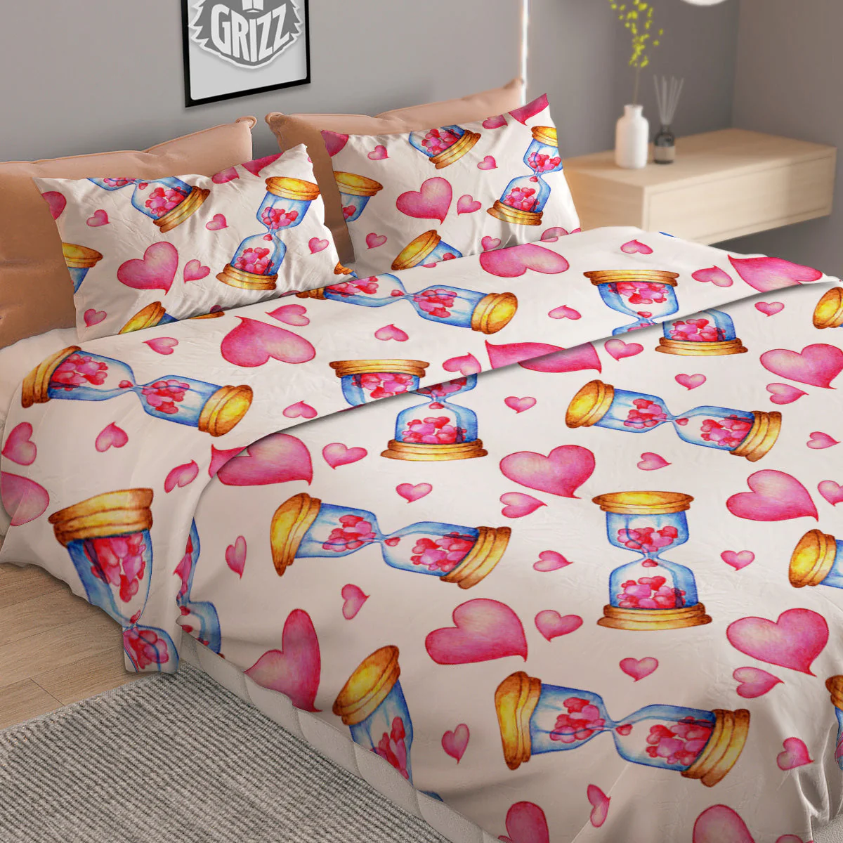 Cute Hourglass Hearts Print Pattern Duvet Cover Bedding Set - Image 2