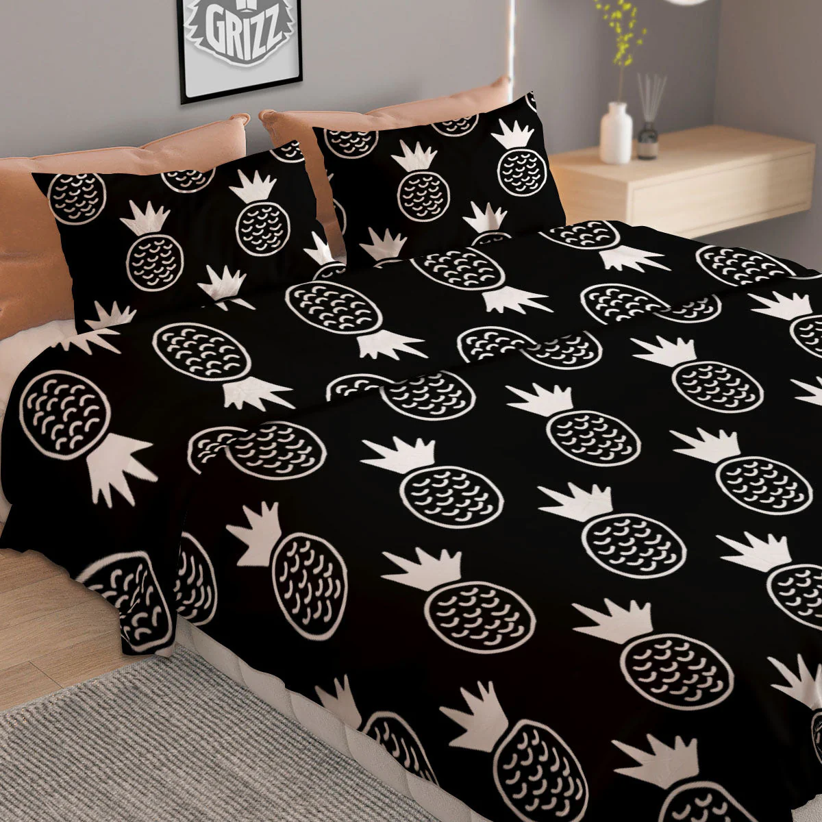 Cute Pineapple Black Print Pattern Duvet Cover Bedding Set - Image 2