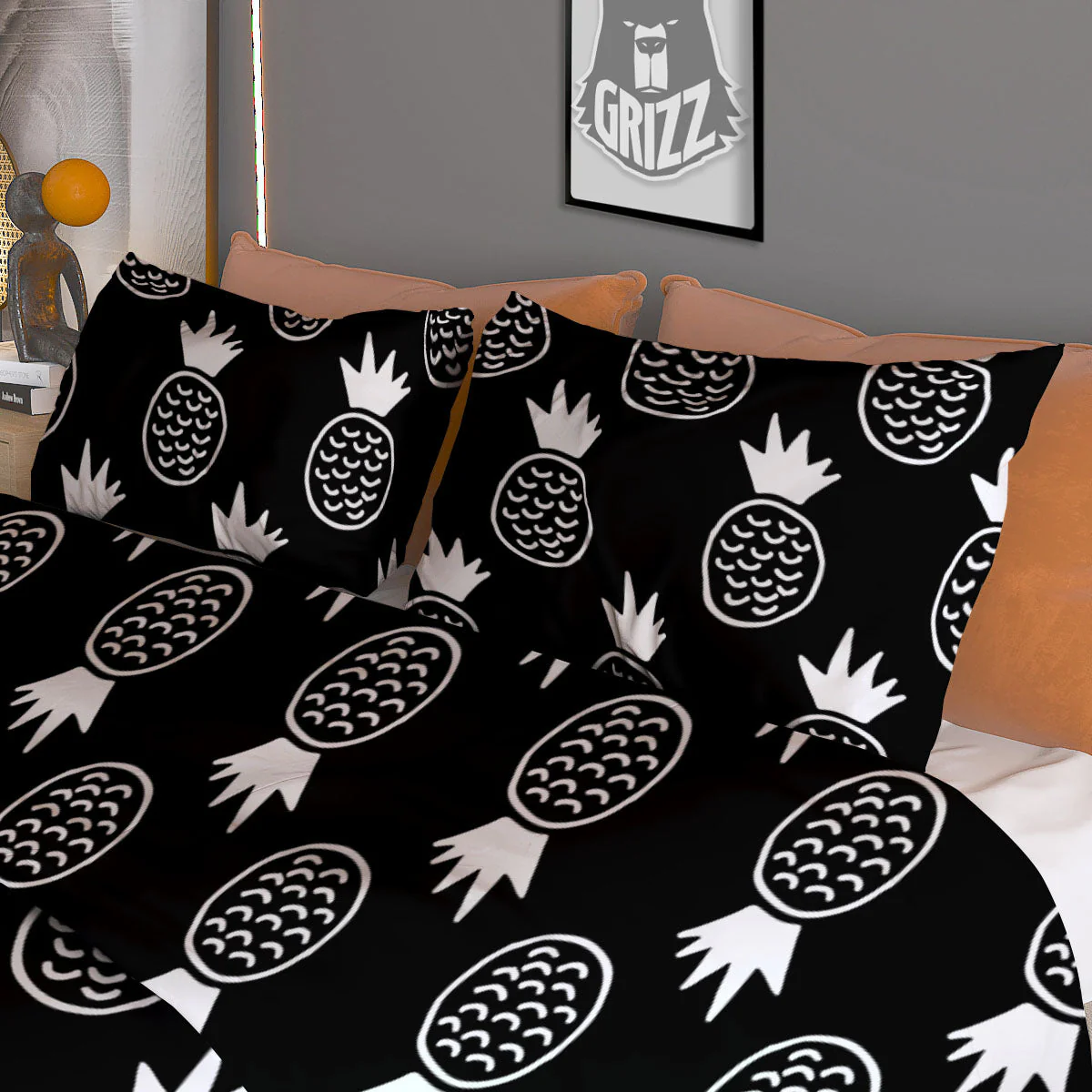 Cute Pineapple Black Print Pattern Duvet Cover Bedding Set - Image 3