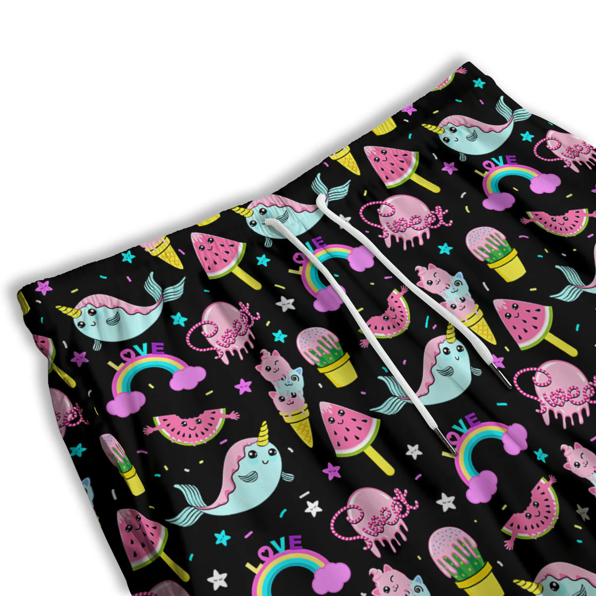 Cute Pink Ice Cream Narwhal Rainbow Print Pattern Men's Athletic Shorts - Image 3