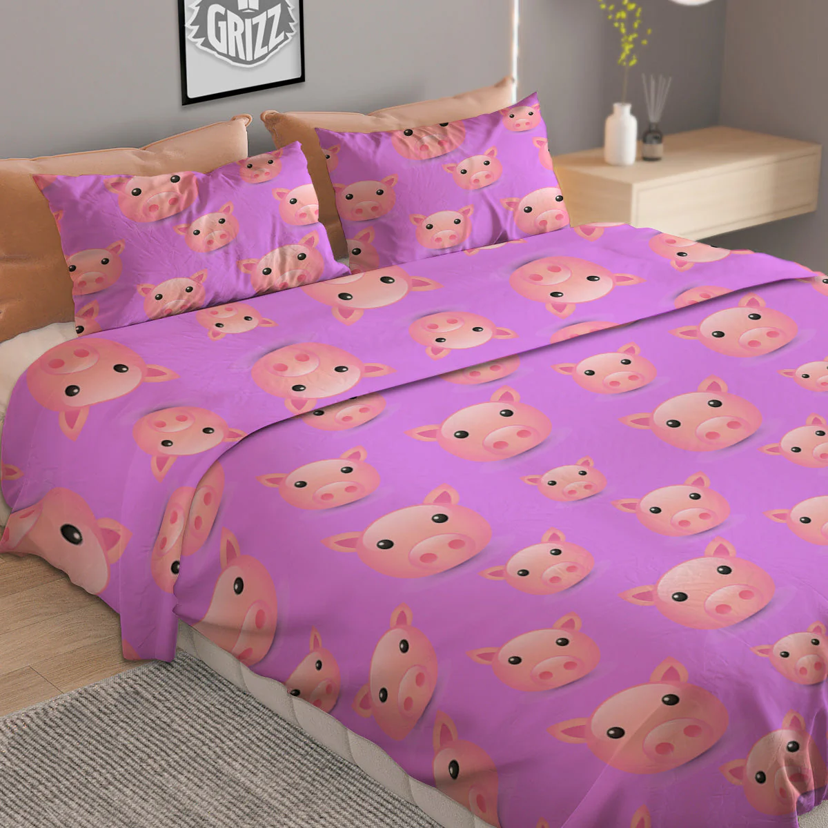 Cute Pink Pig Face Emoji Print Pattern Duvet Cover Bedding Set - Image 2