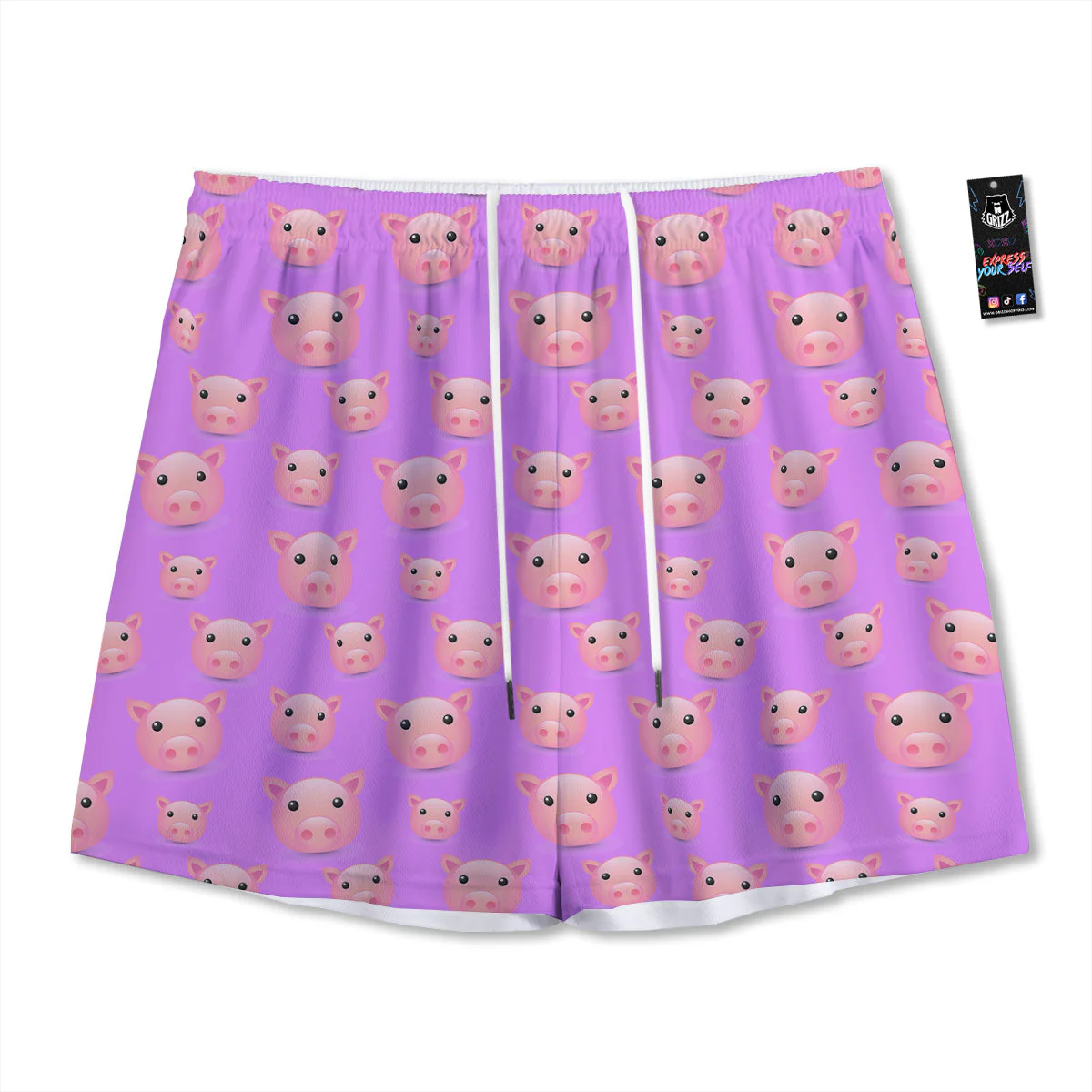 Cute Pink Pig Face Emoji Print Pattern Mesh Shorts