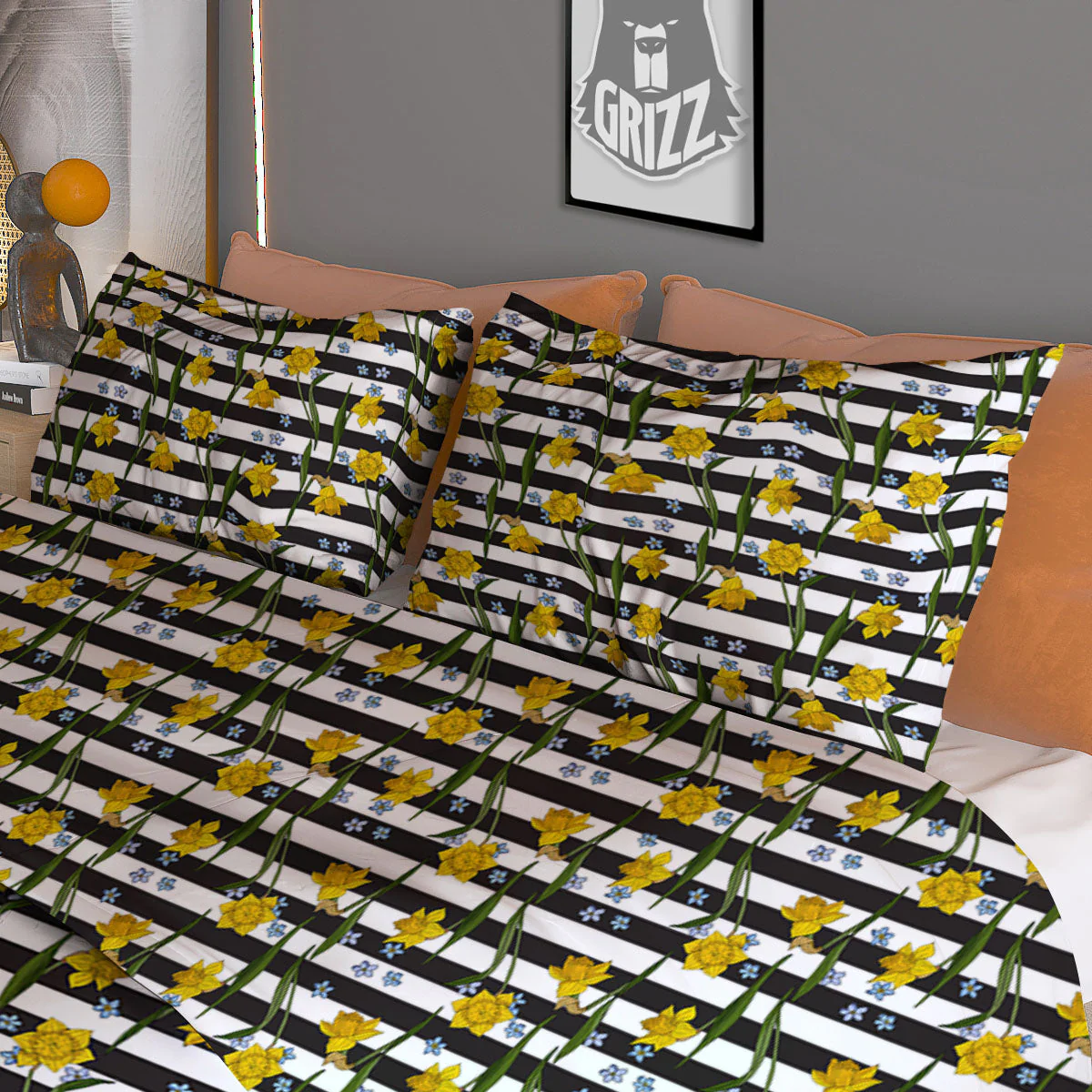 Daffodil Black Striped Print Pattern Duvet Cover Bedding Set - Image 3
