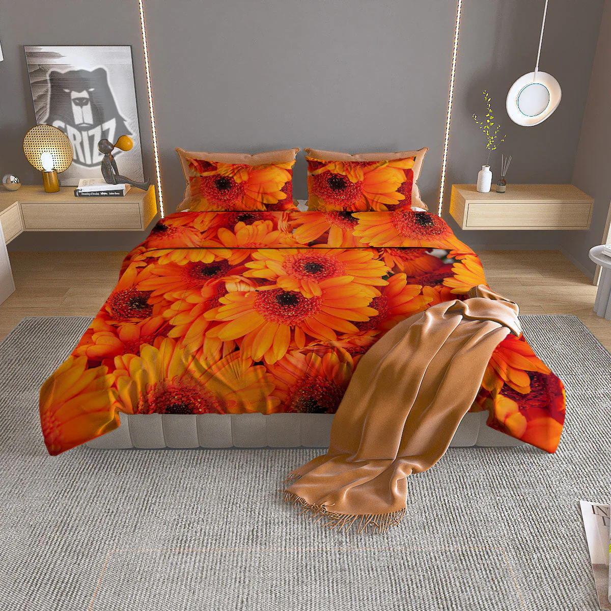 Daisy Orange Flower Print Duvet Cover Bedding Set