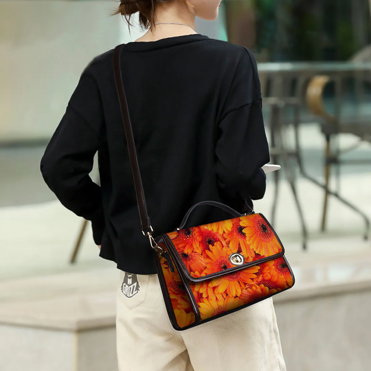 Daisy Orange Flower Print Women's Satchel Bag - Image 3