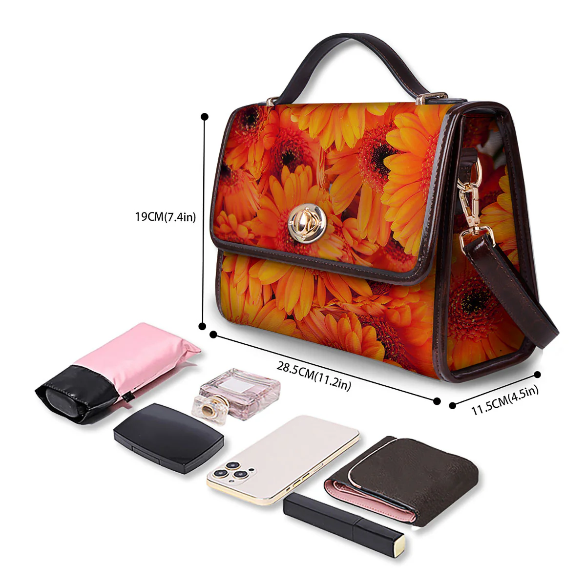 Daisy Orange Flower Print Women's Satchel Bag - Image 4