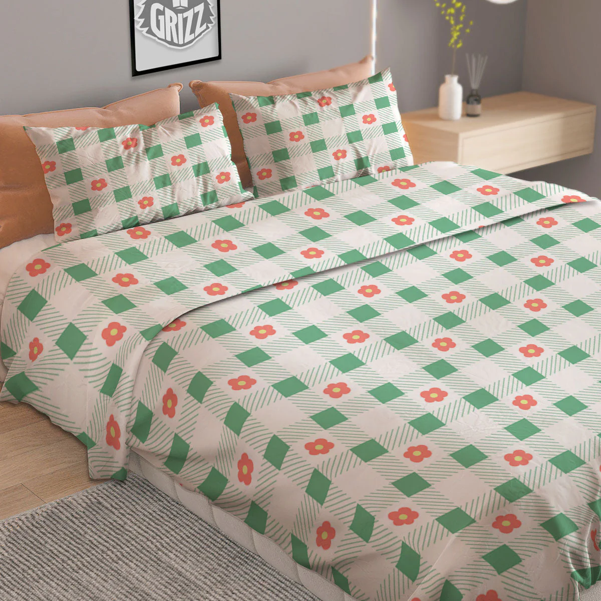 Daisy Tartan Green Print Pattern Duvet Cover Bedding Set - Image 2
