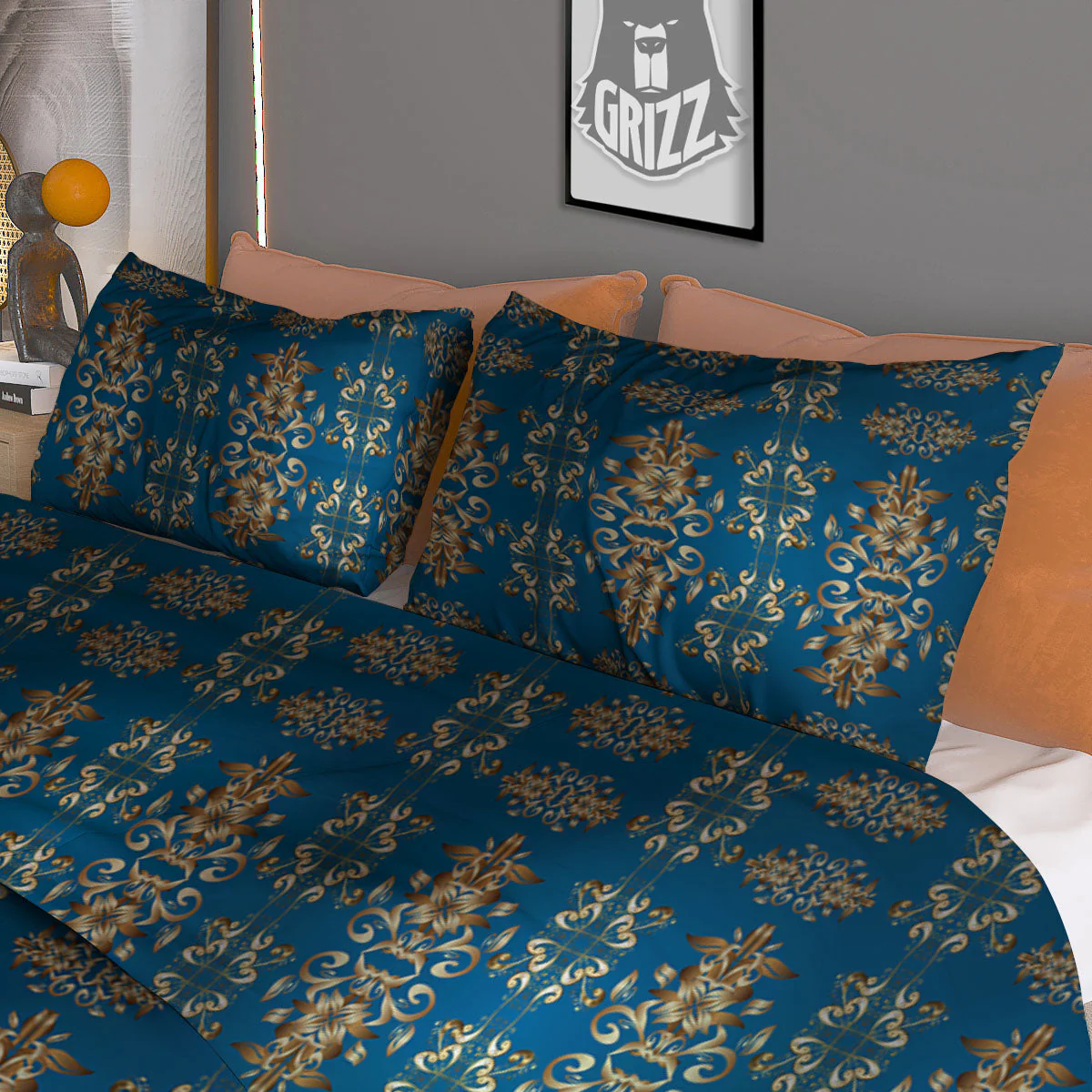 Damask Brown And Blue Print Pattern Duvet Cover Bedding Set - Image 3