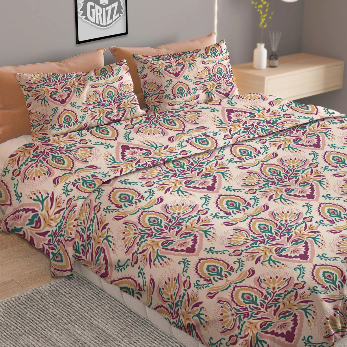 Damask Colorful Print Pattern Duvet Cover Bedding Set - Image 2