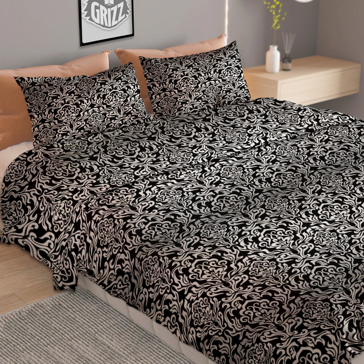 Damask Floral Black Western Print Duvet Cover Bedding Set - Image 2