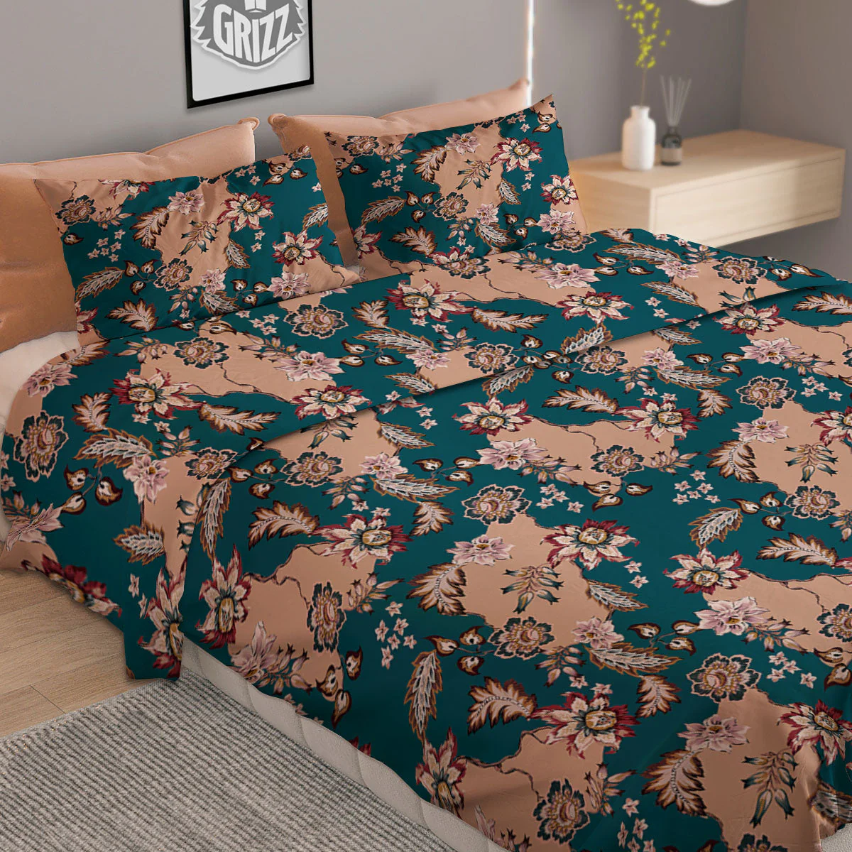 Damask Teal And Blue Print Pattern Duvet Cover Bedding Set - Image 2
