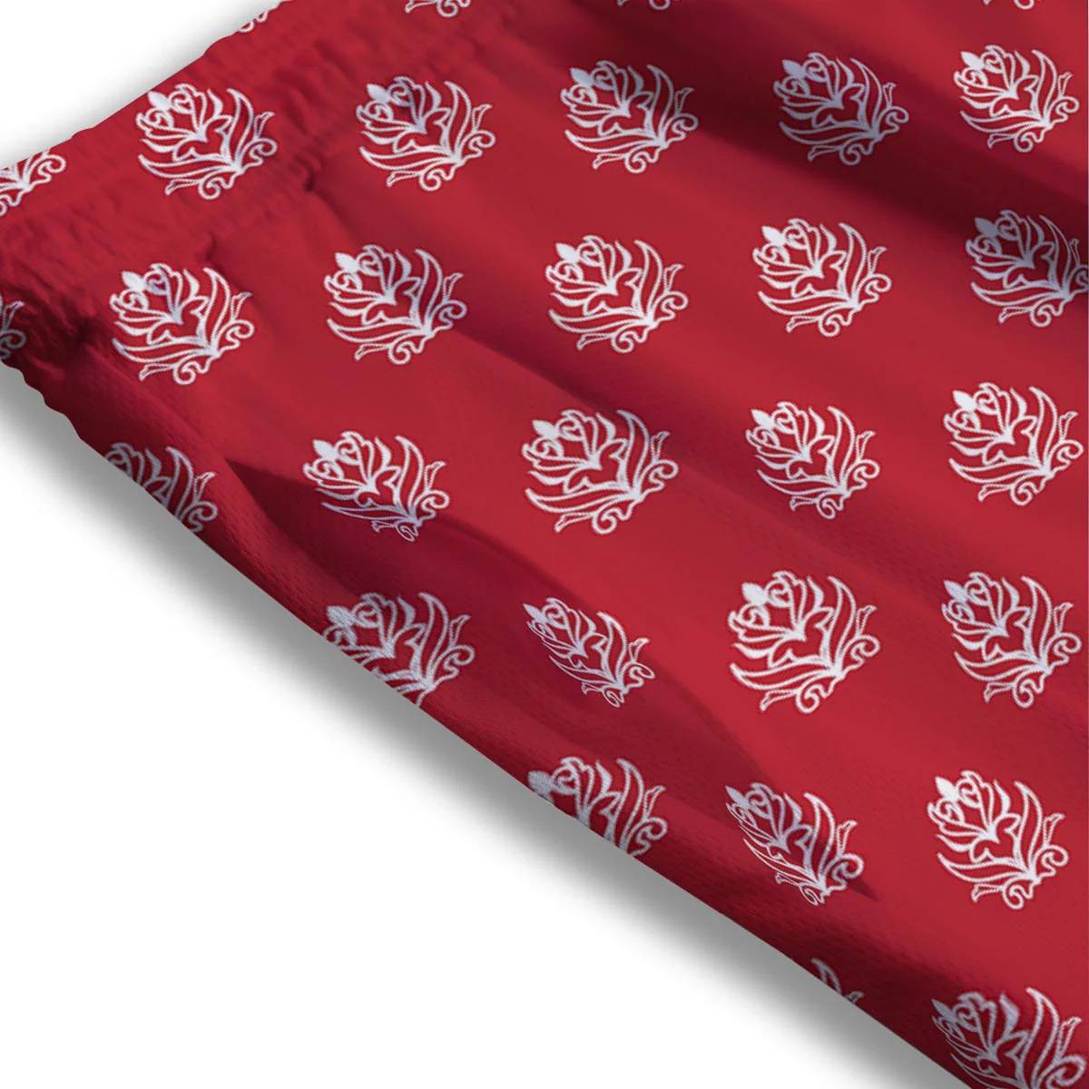 Damask White And Red Print Pattern Mesh Shorts - Image 3