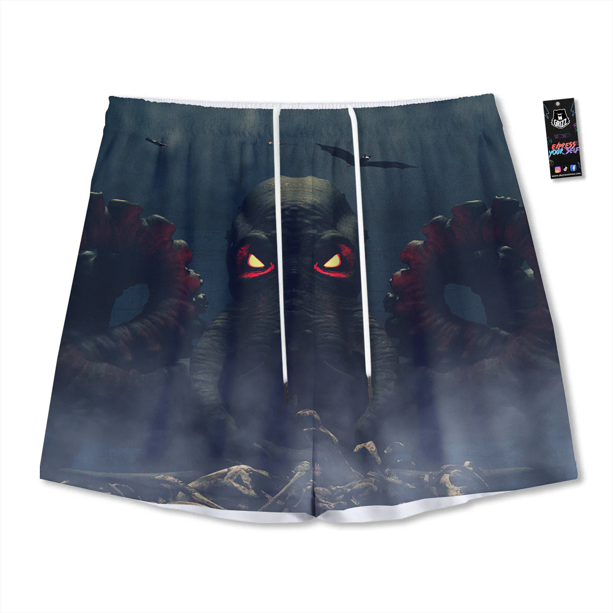 Dark Cthulhu Octopus And Bones Print Mesh Shorts