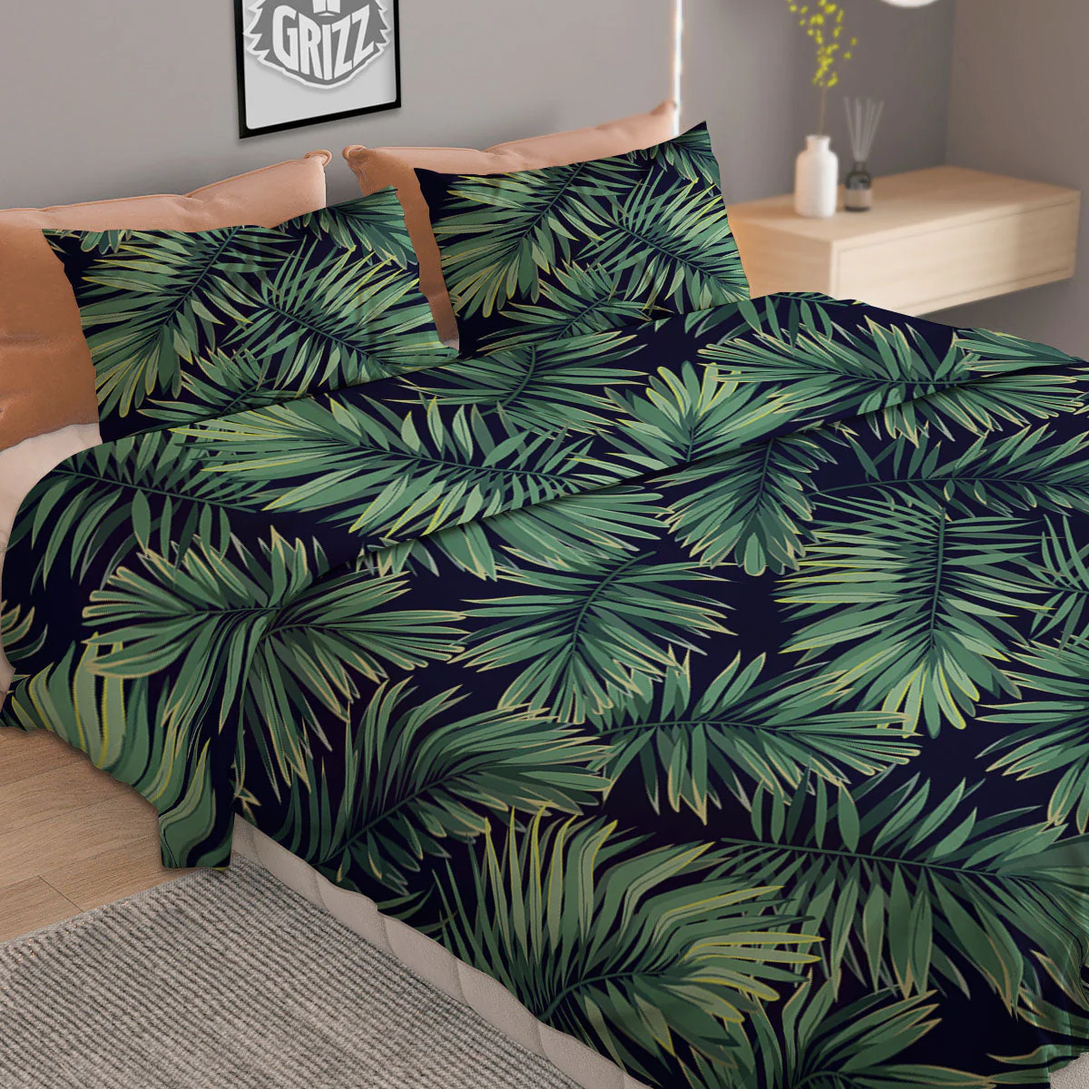 Dark Green Palm Tree Print Pattern Duvet Cover Bedding Set - Image 2