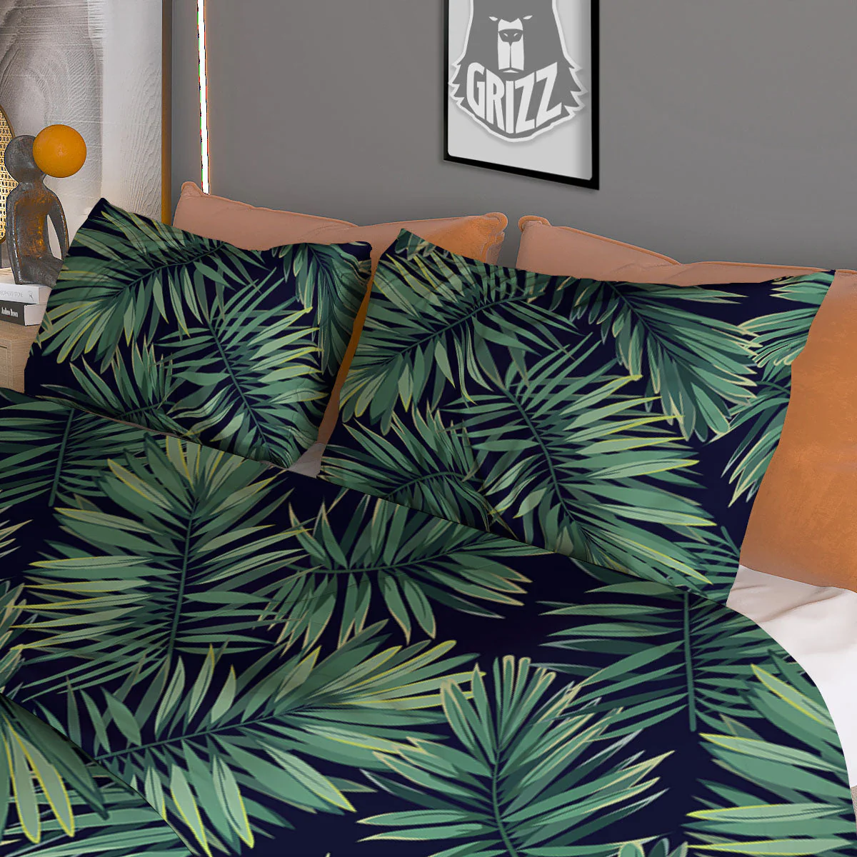 Dark Green Palm Tree Print Pattern Duvet Cover Bedding Set - Image 3
